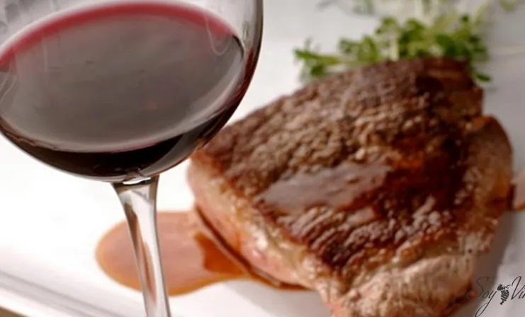 plato de comida con un corte de carn y ua copa de vino en una mesa con mantel blanco