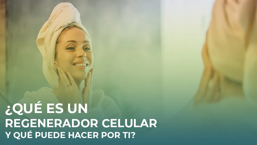 Regenerador celular mujer admira su piel.