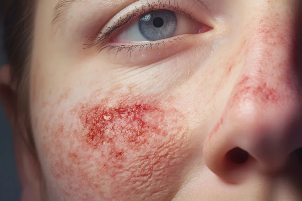 Close up de mujer con lupus, ronchas y enrojecimiento en las mejillas.