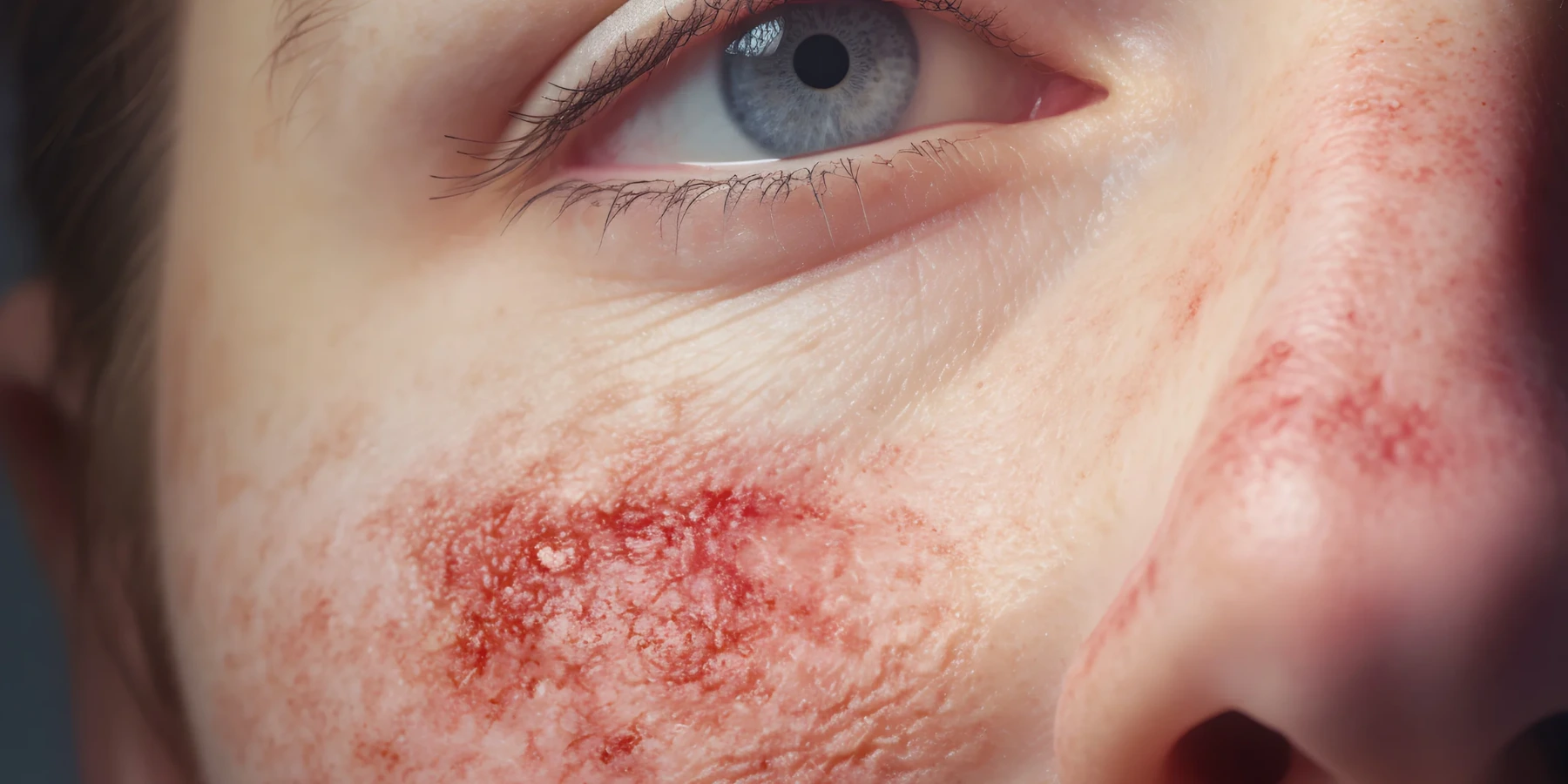 Primer plano del rostro de una persona con erupción y enrojecimiento cutáneo en forma de mariposa en mejilla y nariz, característico del lupus.