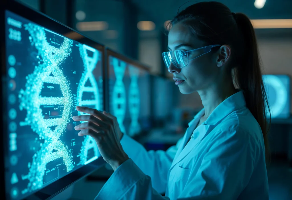 Mujer en un laboratorio observa cadenas de ADN de una computadora.