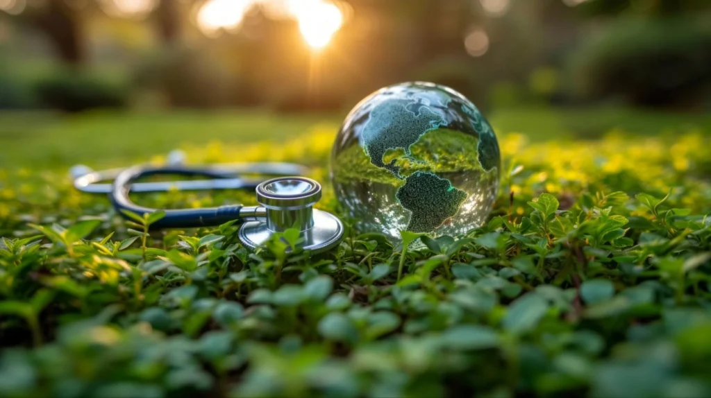 Globo terráqueo y estetoscopio sobre un jardín.